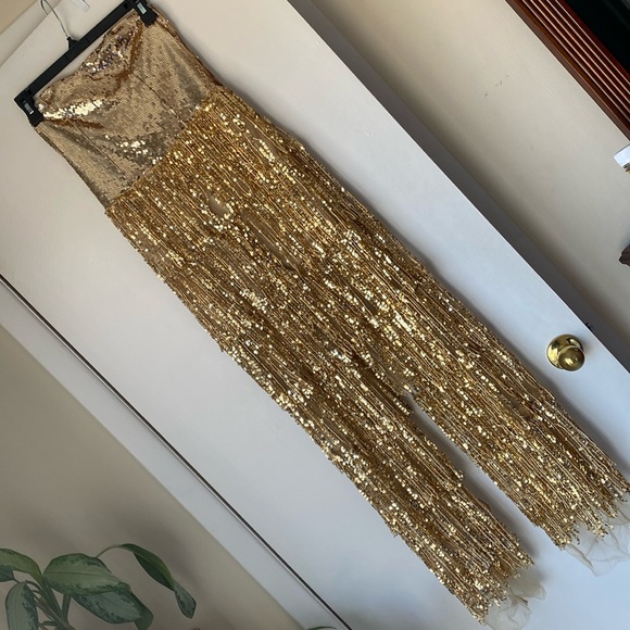 Gold sequin jumpsuit sheer akira Taylor swift bling party unique strapless M - Picture 3 of 13